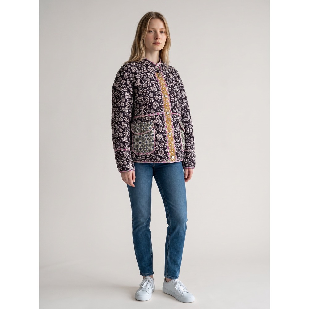 Uncharted Threads Mixed Media Quilted Patchwork Snap Front Jacket Black Yellow L